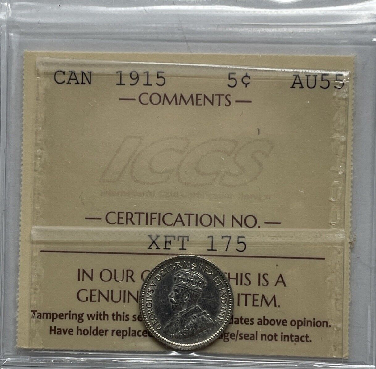 1915 Semi-key Date Canada Silver 5 Cent ICCS Certified AU-55