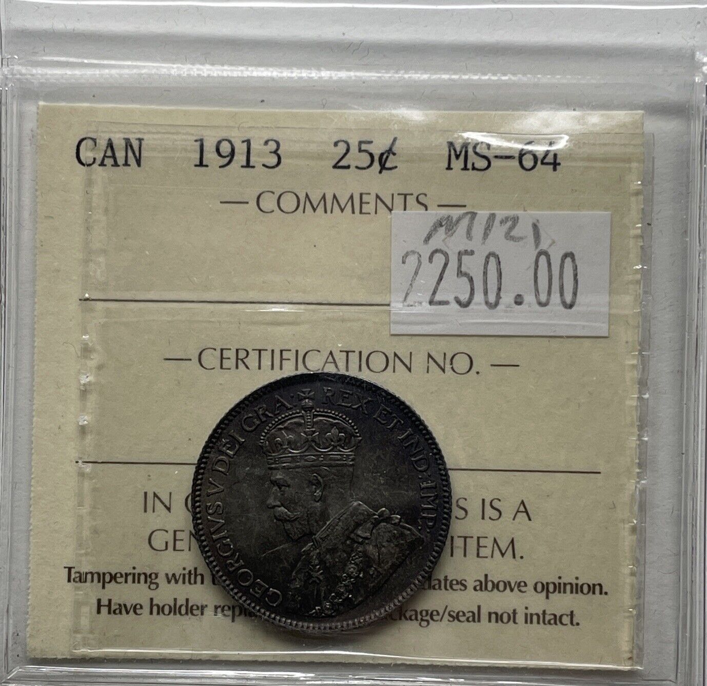 1913 Canada 25 Cent ICCS Certified MS-64. M-421 – Diverse Equities