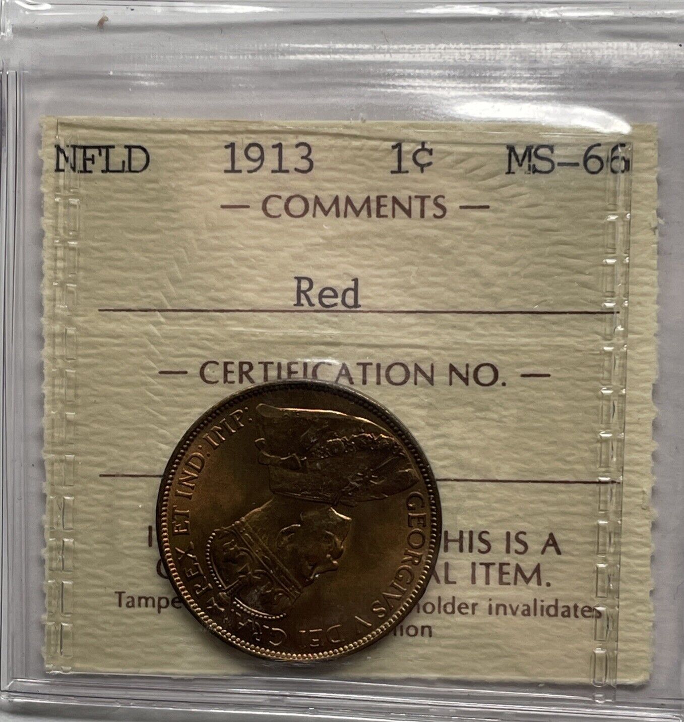 1913 Newfoundland Large Cent Old Seal Holder ICCS Certified MS-66. #C5 ...